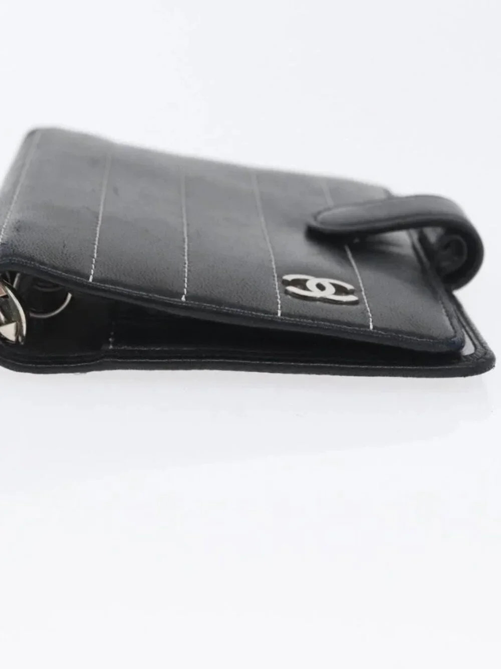 CHANEL Mademoiselle Agenda Day Planner Cover Leather Silver Black CC Auth mr2185